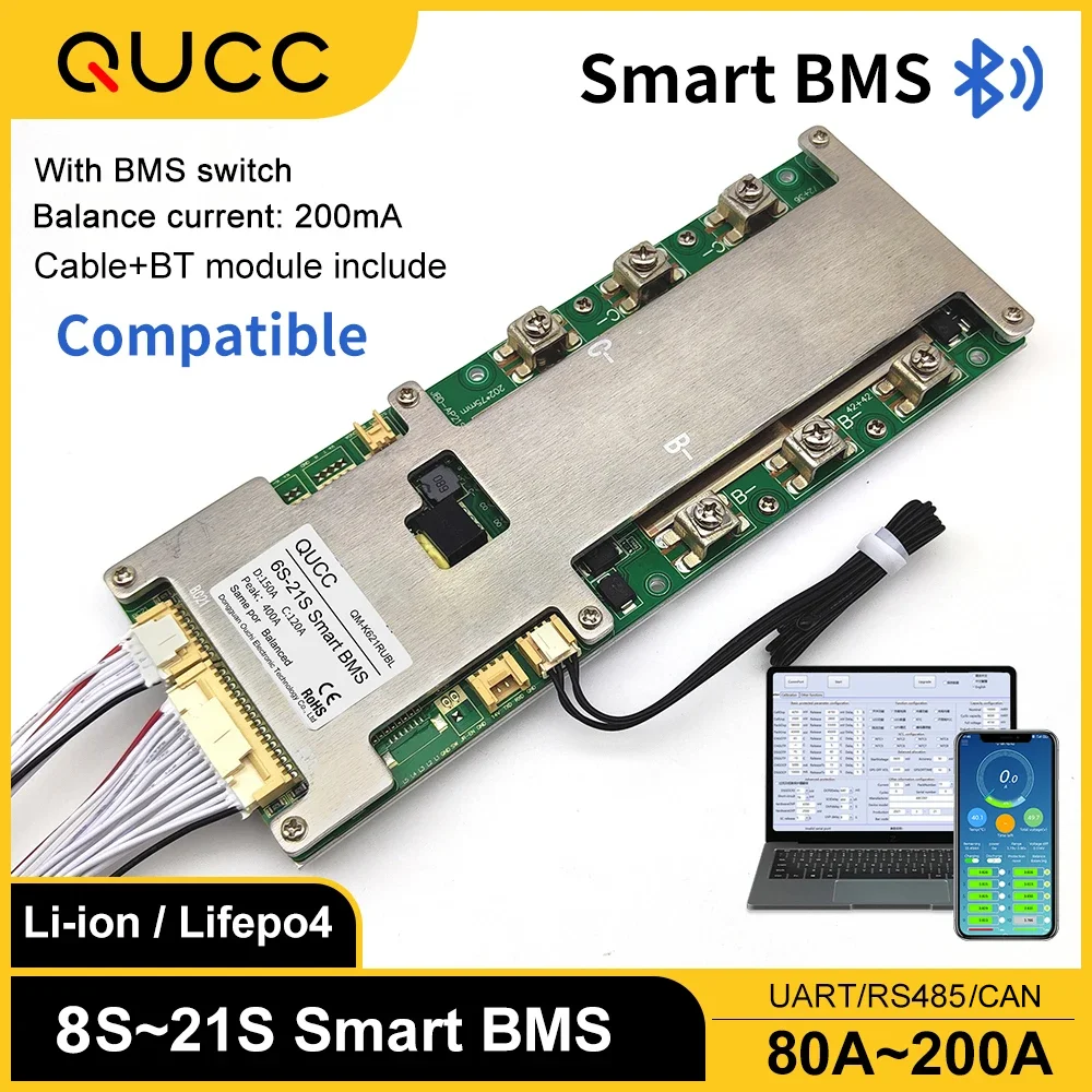 Smart BMS 200A 150A 120A 100A 8S 24V 10S 12S 36V 13S 14S 15S 16S 48V 17S 60V 18S 20S 21S 72V Balance Board Lithium Battery Bms