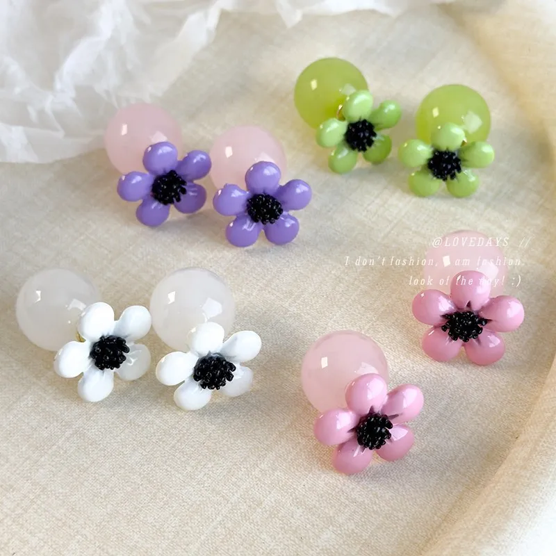 Cute Transparent Sakura Pink Resin Beaded Flower Stud Earrings Two Way Reversible Wear Unique Design Daily Party for Women Girls