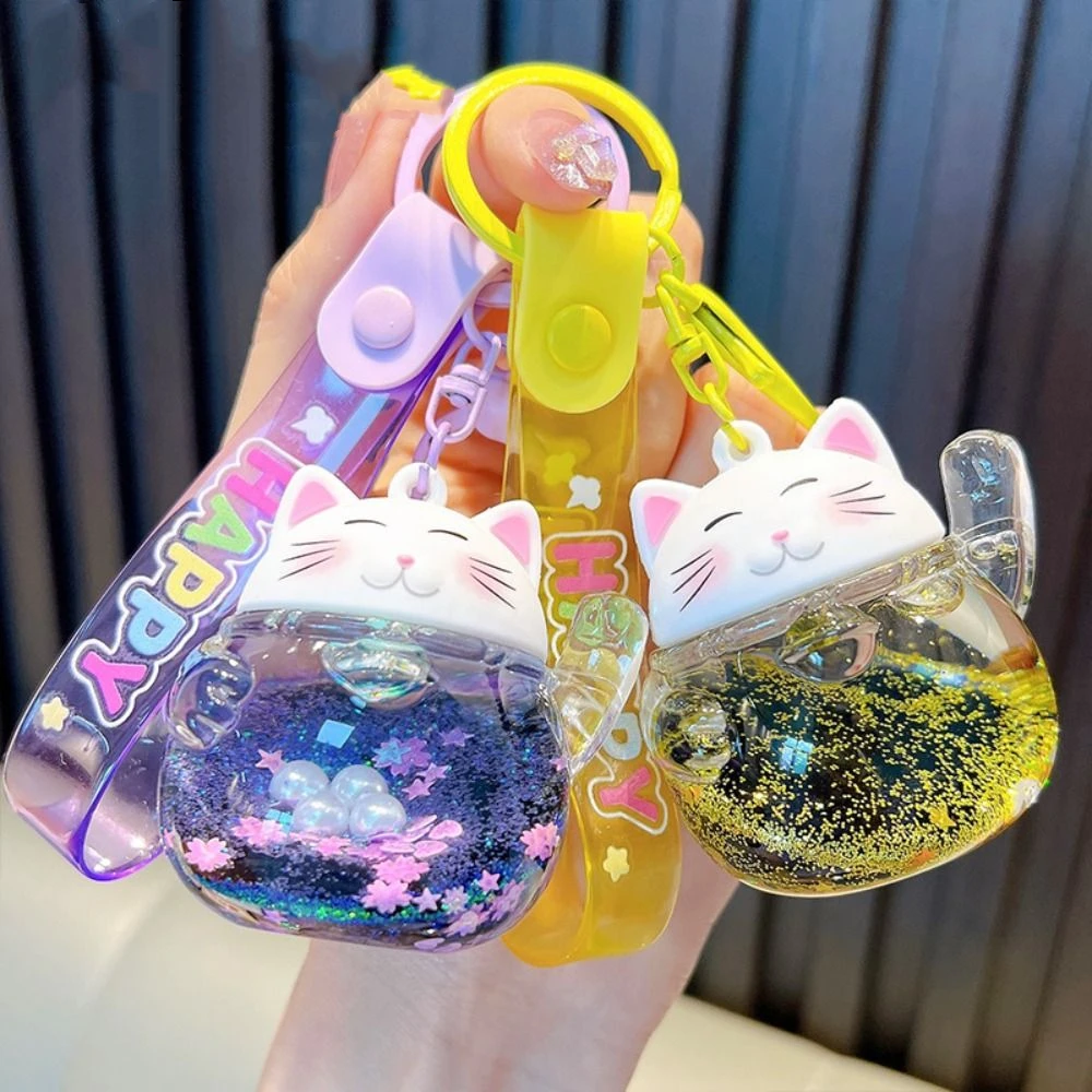 Lucky Cat Sequin Luminous Keychain Transparent Marine style Liquid Luminous Keyring Cartoon Shiny Jewelry Doll Keychain