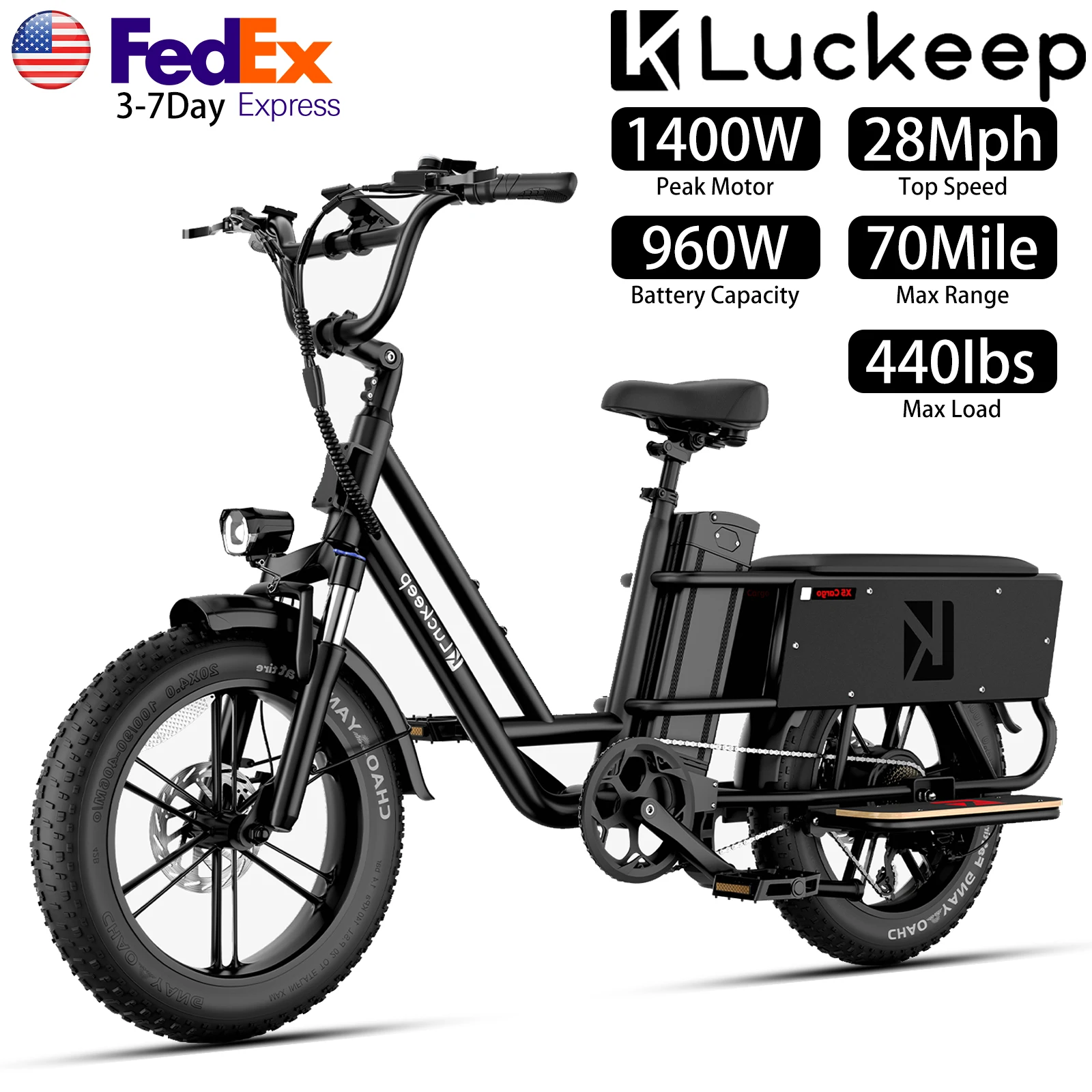 

Электрический грузовой велосипед Luckeep X5 20x4 дюйма, пик 1400 Вт, 960 Втч, верхняя часть 28 миль, максимальная нагрузка 70 миль, максимальная нагрузка 440 фунтов, грузовой пригородный электрический велосипед