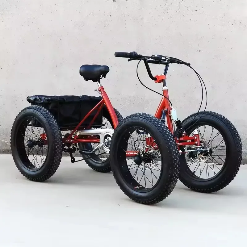 Ready Stock Freight Bicycle Red Black Fat Tire Off-Road Pedal Quad Bike Snow Four-Wheeler Bicycle