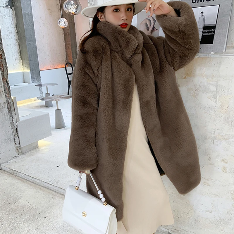 Winter new faux fur mink plush long coat stand-up collar over-the-knee thickened loose coat women