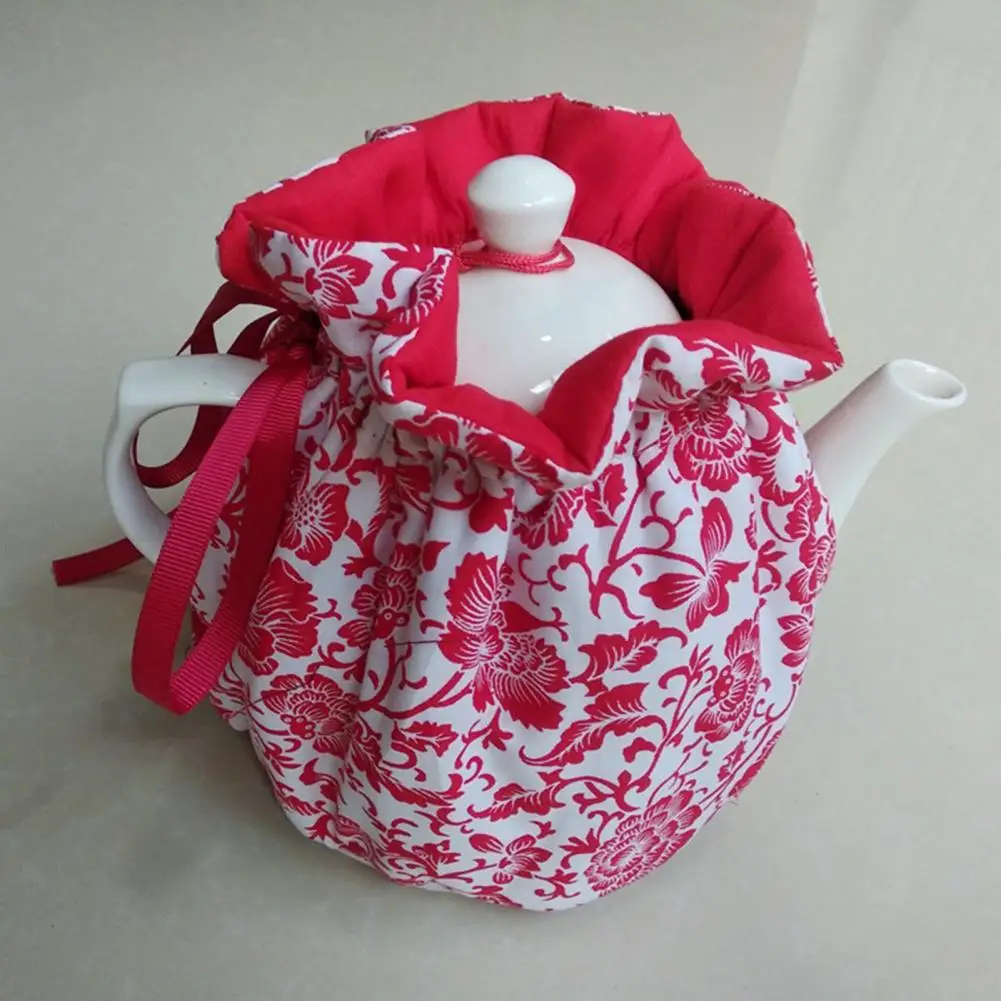 Creative Flower Pattern Teapot Cover Beautiful Eye-catching Cotton Teapot Holder Sleeve Drawstring Teapot Cozies for Home