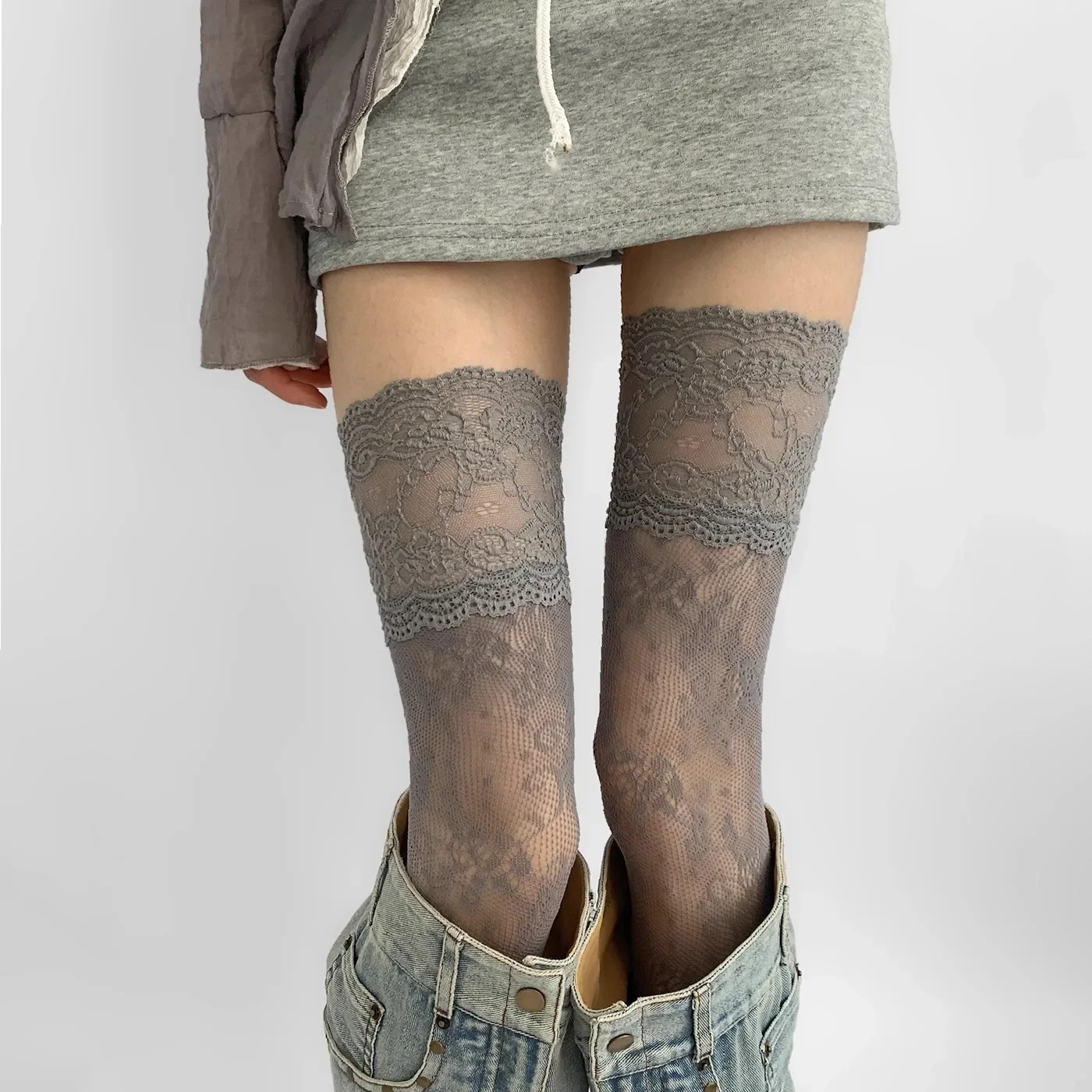 Spring Summer Ultra-thin Sexy Lace Stockings for Women Thin Grey Knee High Stockings with Hollowed Out Lace JK Boots Cute Match