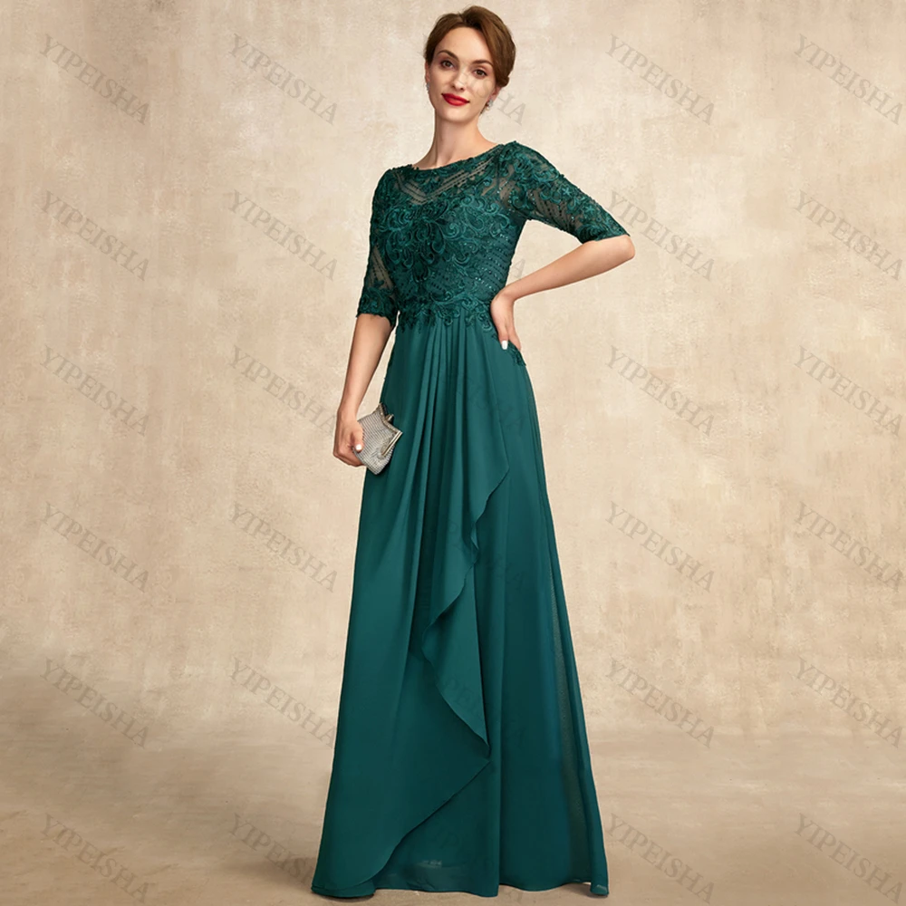 Verde o-collo a-line Chiffon madre della sposa abiti perline mezza manica Appliques Ruffles lungo formale abito da ballo di nozze