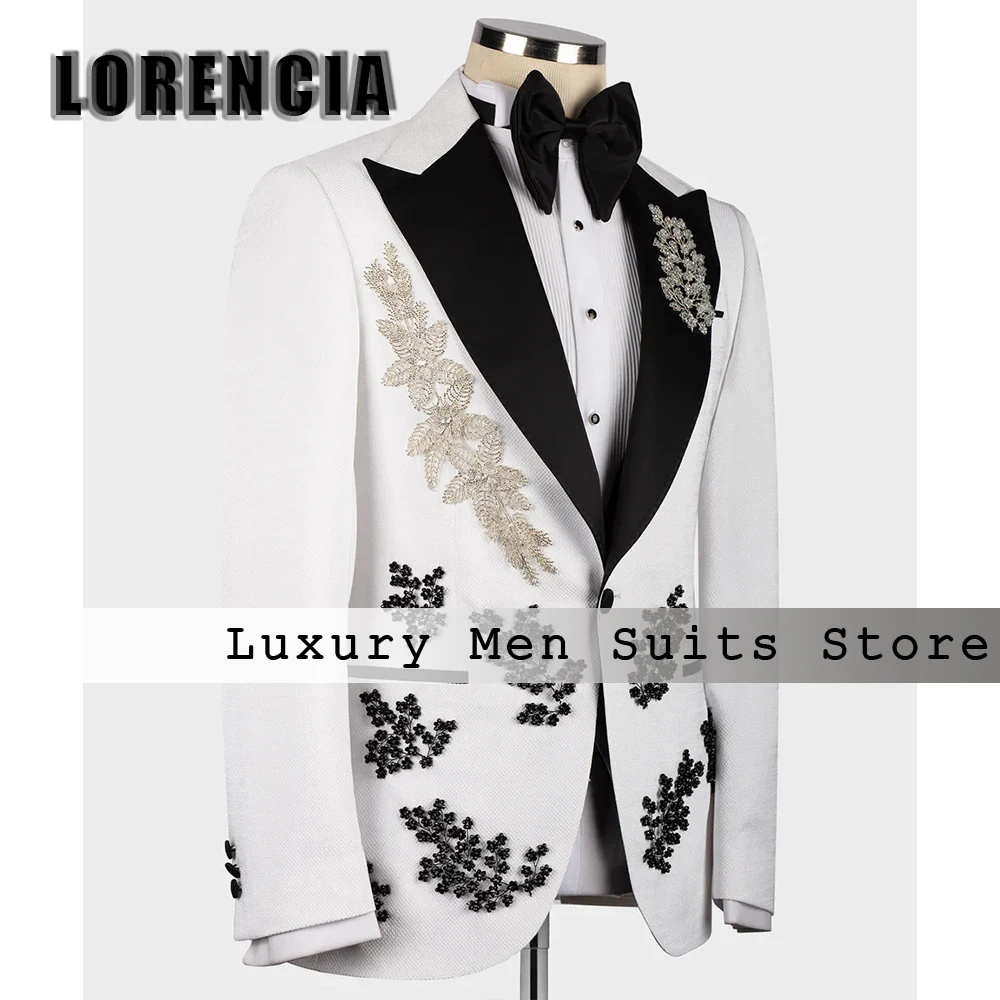 Exquisite Diamond Applique Male Suits 3 Pieces Peak Label Wedding Party Gowns Customized Blazer Pants Vest roupas masculinas