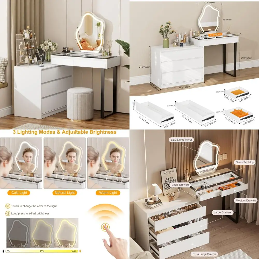 Bureau de coiffeuse moderne à plateau en verre en forme de L 58 avec miroir et éclairage, grande coiffeuse avec 2 tiroirs pour le maquillage et le coiffage