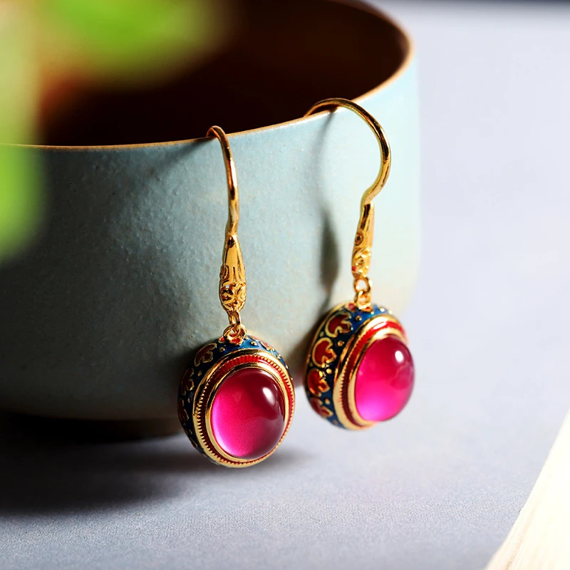 

Classic Ethnic Style Natural Carnelian Vintage Pattern Enamel earrings for women Long Ancient gold crafts earings Jewelry gift