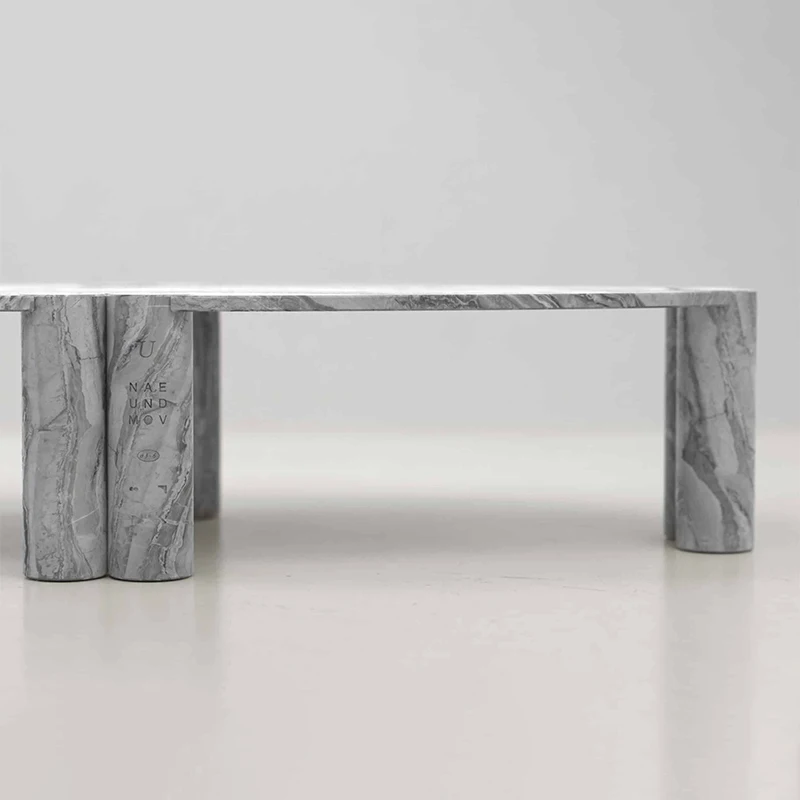 #Dream Home Grey Vein Marble Coffee Table Irregular Bean Shaped Top Double Cylindrical Legs Minimalist Living Room Center Table