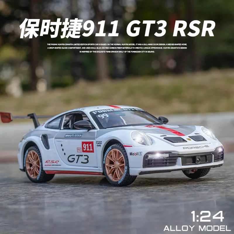 Porsche 911 GT3 RSR, vehículo de juguete de aleación fundido a presión, modelo de coche de Metal, luz de sonido, colección de juguetes para niños, 1:24