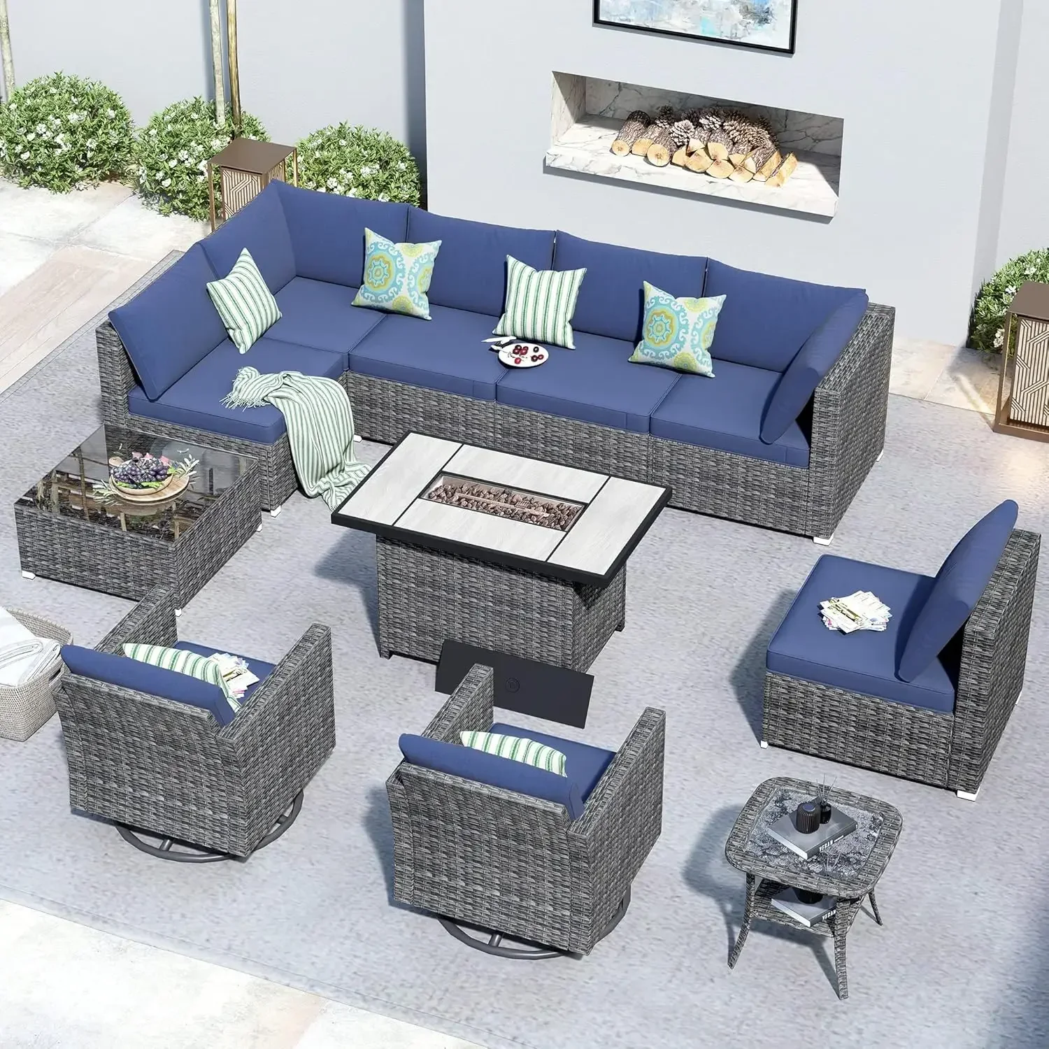 Patio Furniture Outdoor Sectional Sofa Swivel Rocking Chairs, All Weather PE Rattan Wicker Conversation Sets with Fire Pit Table