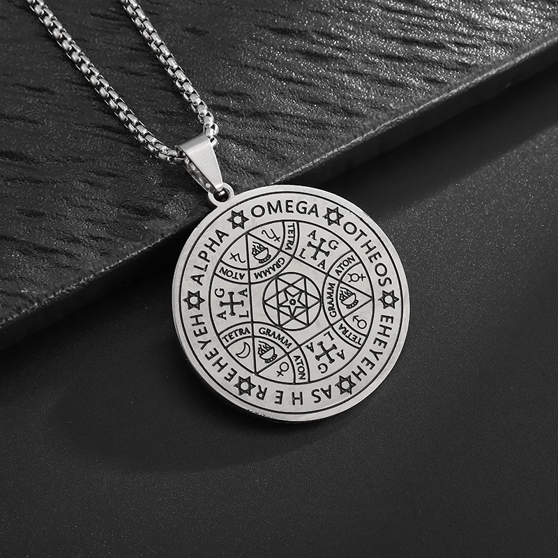 Stainless Steel Hebrew Four Letters Wheel of Fortune Protective Seal Agla Necklace Star of David Jewish Jewelry for Men