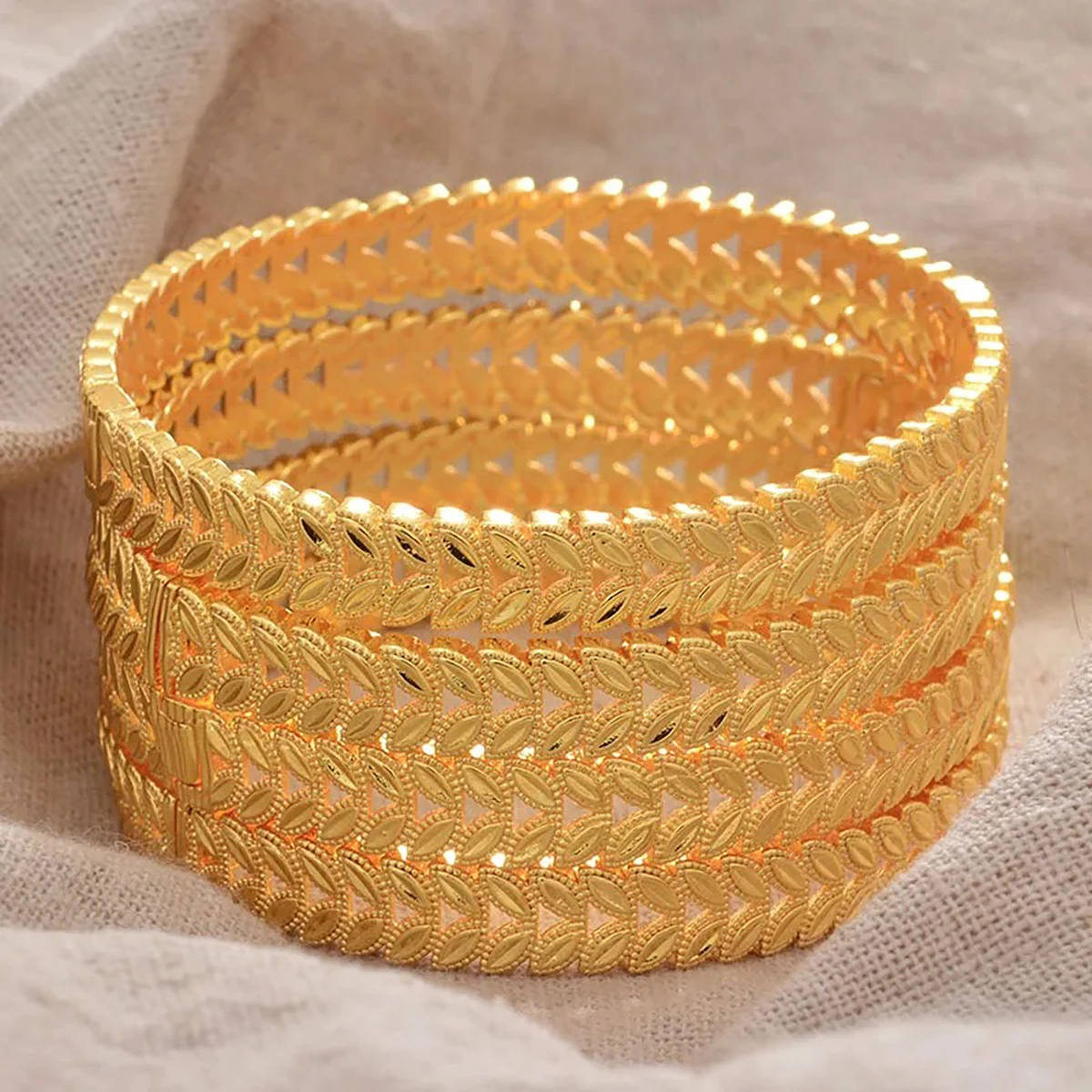 

4Pcs24K Gold Plated Dubai Indian Bridal Bangle Set, Handmade Wheat Filigree Bracelet, Luxury Gold Tone Wedding Jewelry for Women