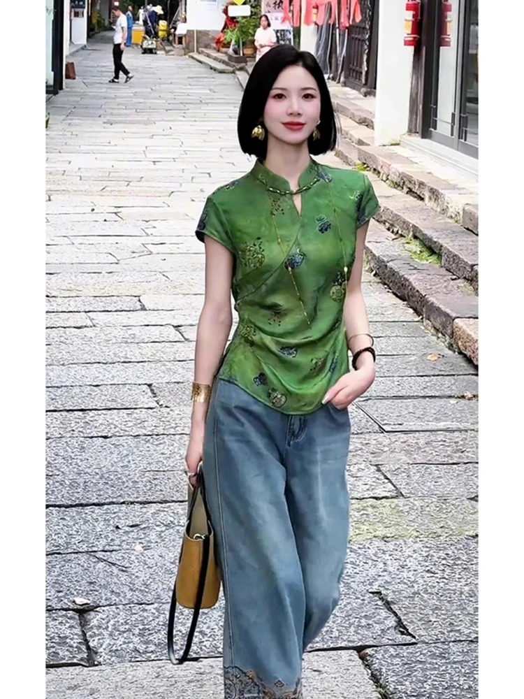 

Новый китайский Sle een ort Sve Silk irt, женский топ с завязкой на талии, шелковый летний новый поступление, женские поездки на работу, S...