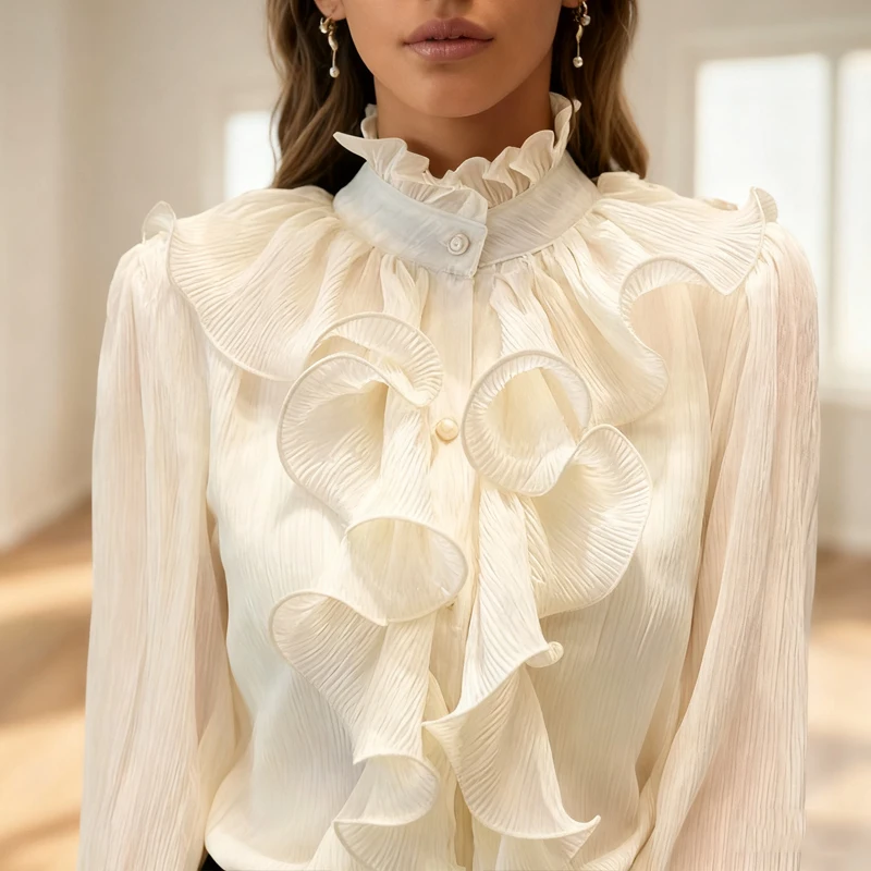 Colletto alla coreana elegante camicia in chiffon di pizzo increspato nuove donne allentate soffio manica lunga camicetta di chiffon primavera dolce top vestiti 12946