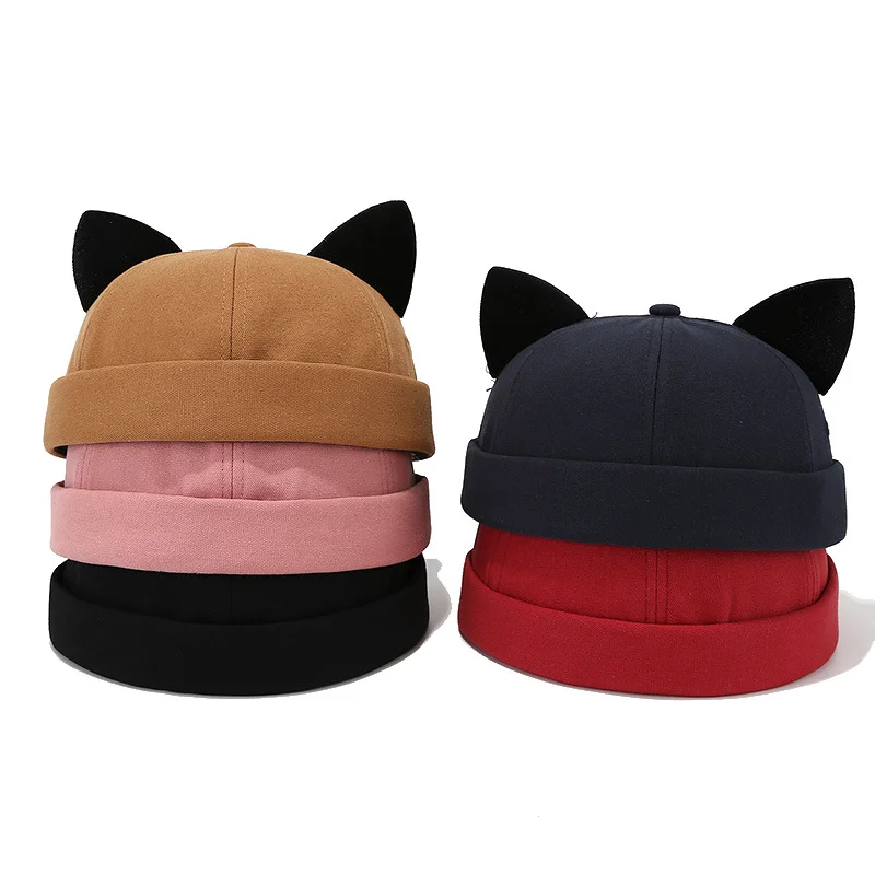 Cat Ear Docker Cap Brimless Hats Beanie for Women Men Skull Cap Worker Sailor Cap Rolled Cuff Retro Docker Hat Summer Fashion