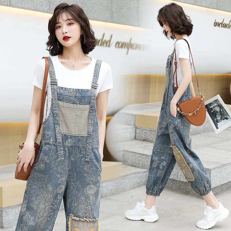 

Elegant Fashionable Floral Denim Overalls Slimming Casual Hong Kong Station Summer New Arrival Comfortable Commute Style Long...