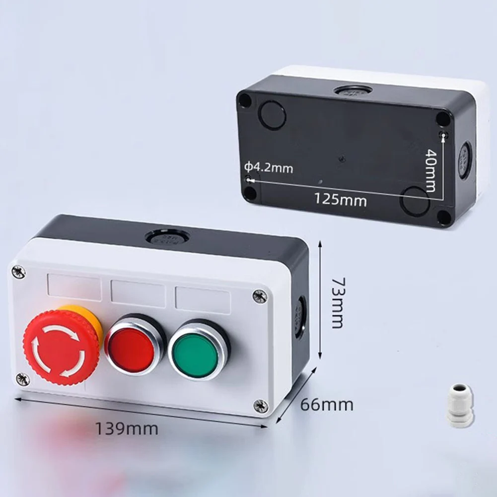 10A Rated Push Button Switch Box Featuring Latching Stop and Two NO Momentary Buttons for Automation Applications