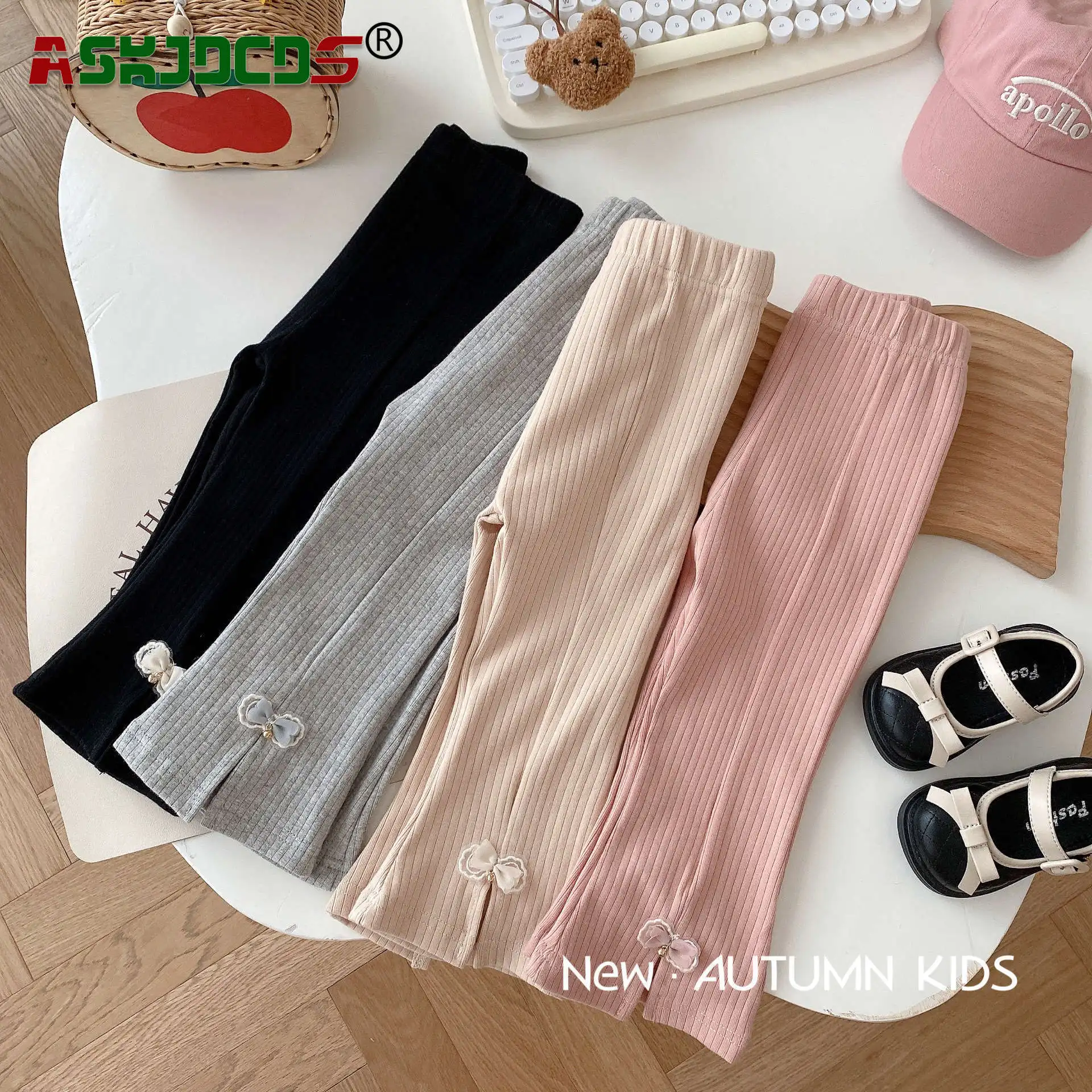 Newborn Baby Girl Spring and Autumn Bow Elastic Waist Bell-bottoms Pants: Brown, Fashionable Matching Bottoming in Pink  Grey