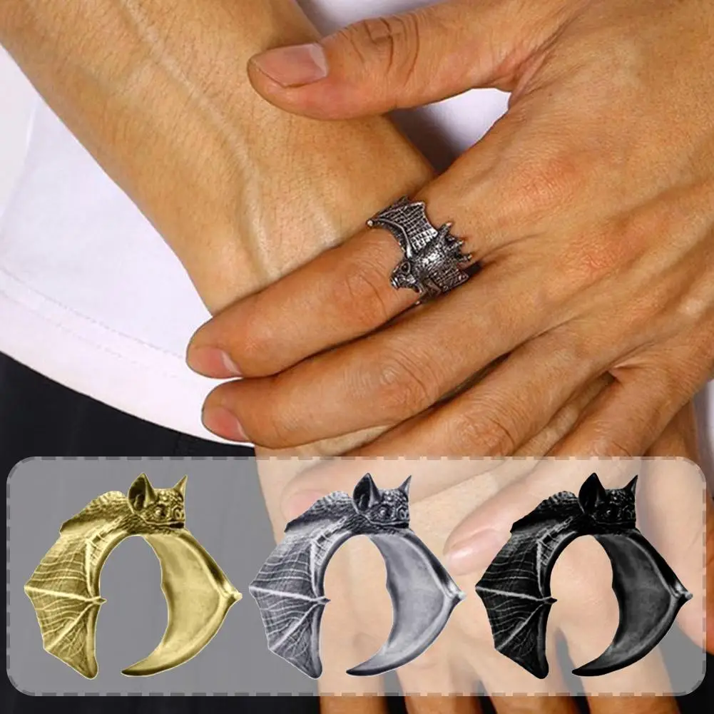 Halloween Vintage Bat Design Rings Women Men Adjustable Opening Rings Punk Finger Rings Halloween Party Cosplay Jewelry Gifts