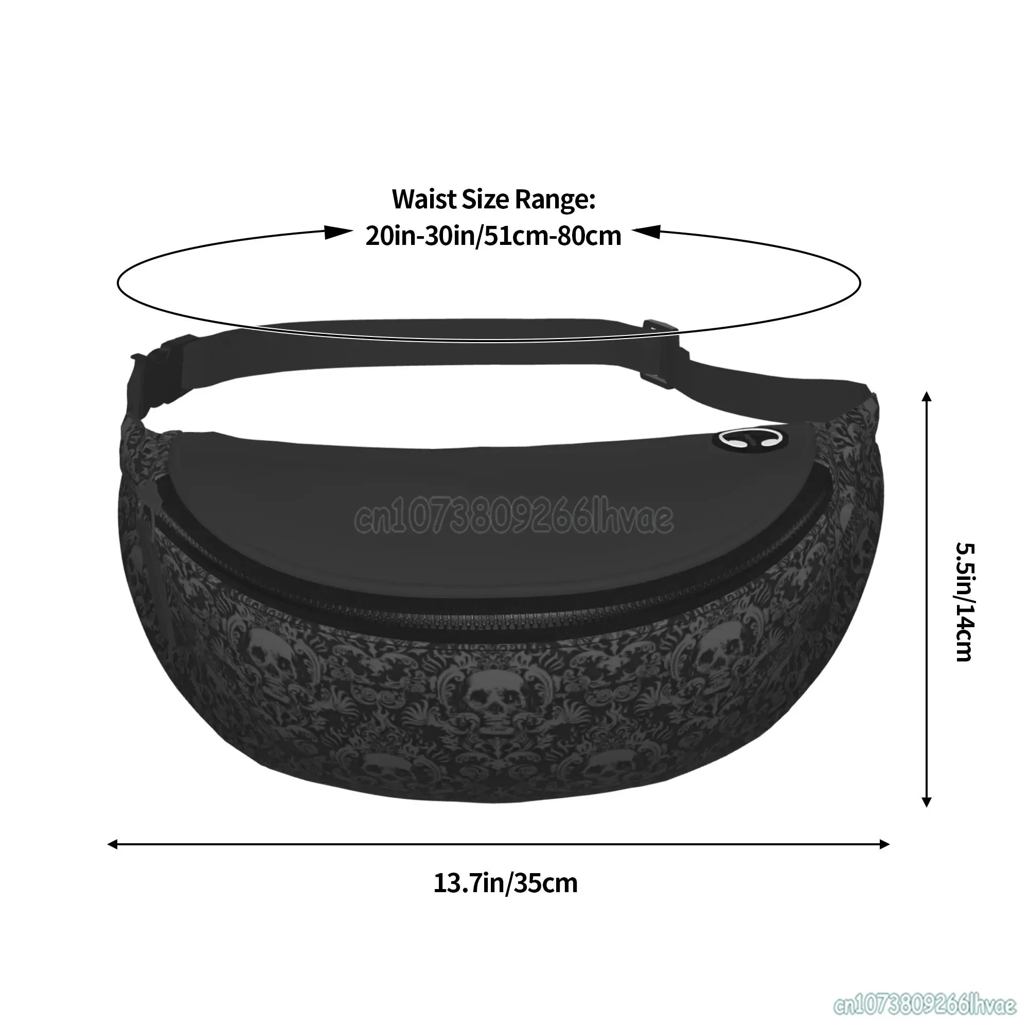 Gothic Black Fanny Pack para homens e mulheres, Bolsa de cintura com cinto, bolso ajustável Sling, Bolsa de ombro crossbody, Damasco crânio