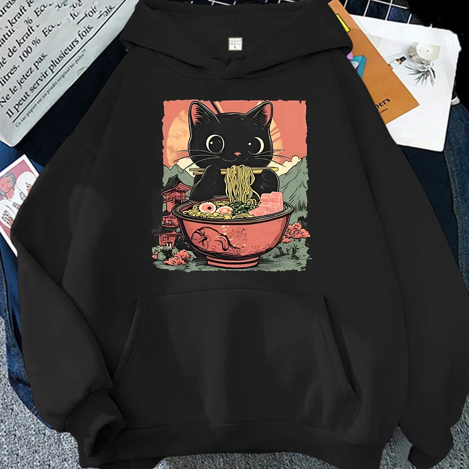 

Cute Black Cat Eating Ramen Hoodies Men Women Adorable Graphic Hoodies Foodie and Cat Lover Clothing Animal Printed Cartoon Tops