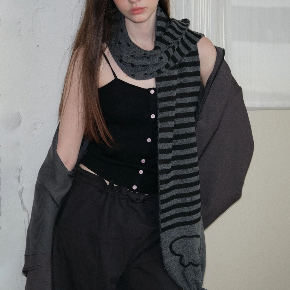 Winter Y2K Girls College Style Angel Wings Scarf Striped Polka Dot Japanese Retro Warm Scarf Versatile Sweater Coat Accessories