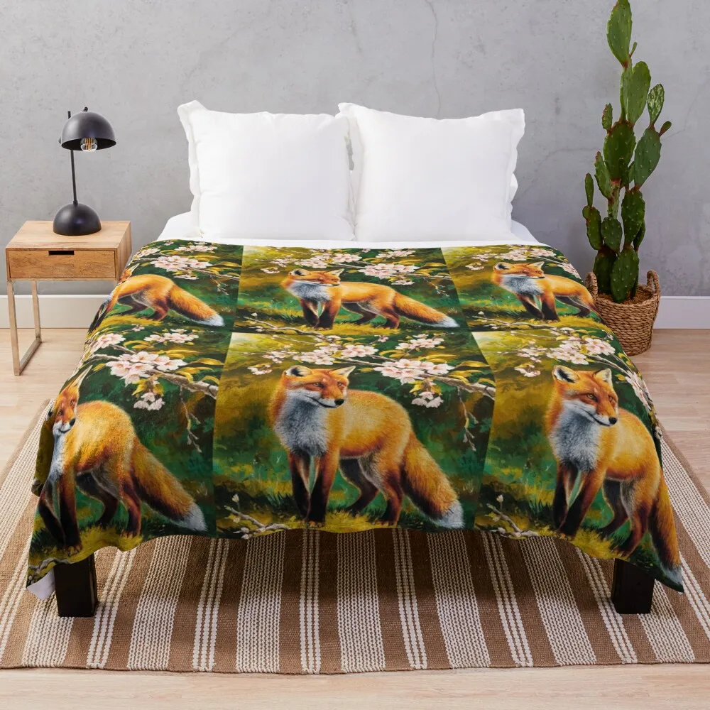 Fox Portrait. Spring fox, floral fox, fox painting, Raphael style Throw Blanket Travel Comforter Beach wednesday Blankets