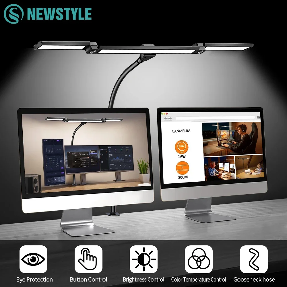 3ヘッドアイケアアーキテクトライト、クランプ式コンピューターモニターグースネックスマートライト、5色調光フレキシブルテーブルランプ（家庭用-オフィス用）