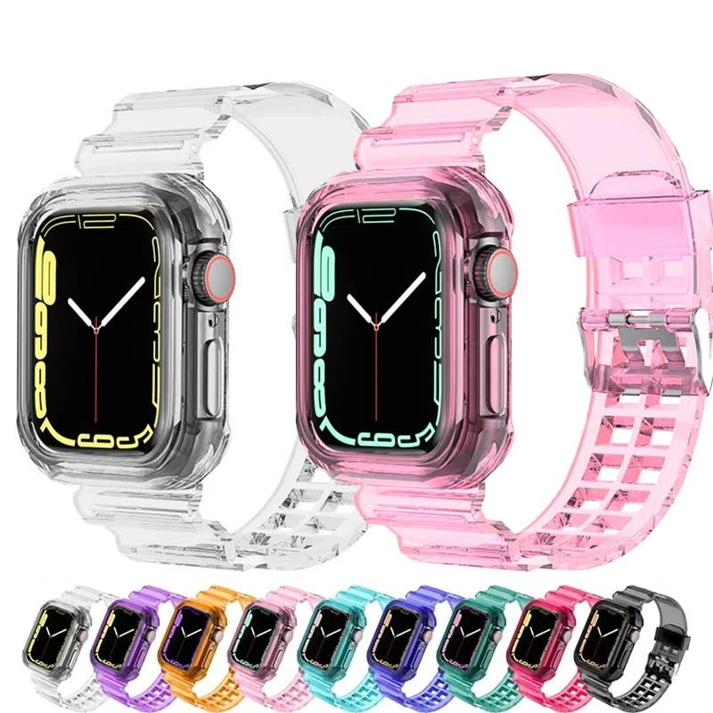 Clear Band + Case for Apple Watch 9 8 7 6 5 SE 4 38MM 42MM Transparent silicone Strap for iwatch 40mm 44mm 41MM 45MM Ultra 49MM 