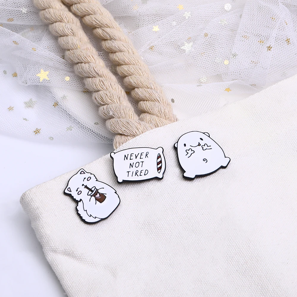 Cute Cartoon Cat Fox Drink Coffee Brooches Letter Never Not Tired Pillow Pins For Kids Girls Backpack Clothging Badge Gift