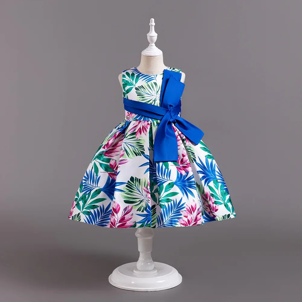 

New leaves Print Cotton Baby Girls Clothes Sleeveless Dress for Young Girls Fashion Bow Patchwork Kids Costumes 1-8 Years