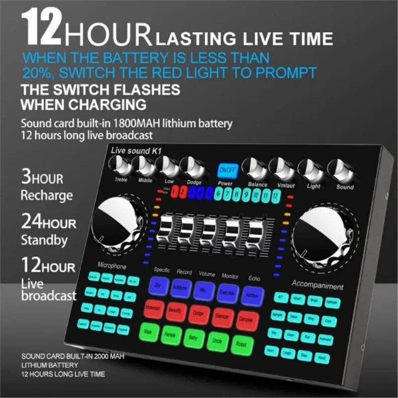 Profissional Live Master Sound Card, Bluetooth Compatível, Mixer Ajustável, Gravação de Música, Durante Performances Karaoke, K1