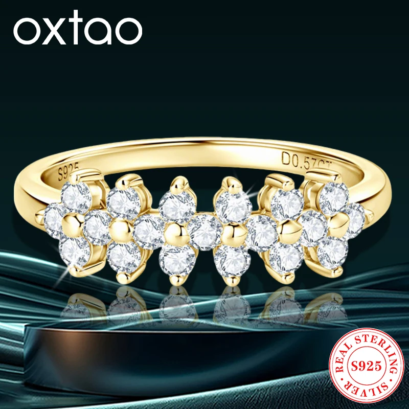 

OXTAO 14K Yellow Plated 2mm Full Moissanite Flower Ring GRA Certified for Women 925 Silver Engagement Wedding Jewelry Gift
