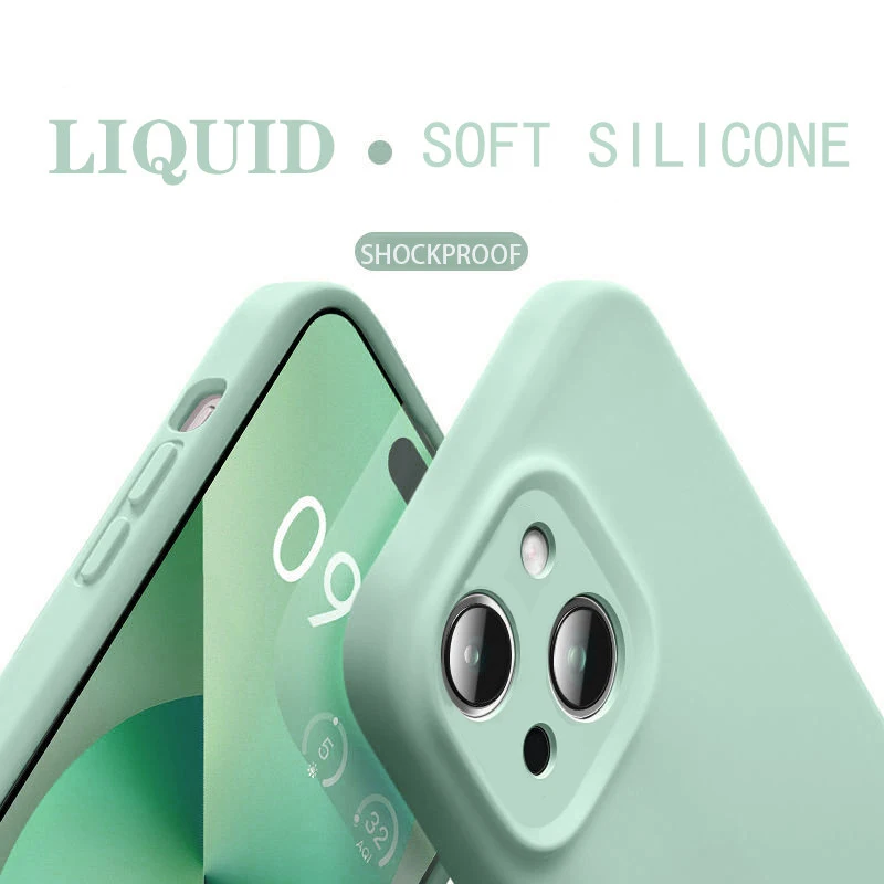 Luxuriöse Flüssigsilikon-Handyhülle für iPhone 14 15 Pro Max, weiche Stoßstange, iPhone 14 Plus, Objektiv, Kamera, schützende, stoßfeste Abdeckung