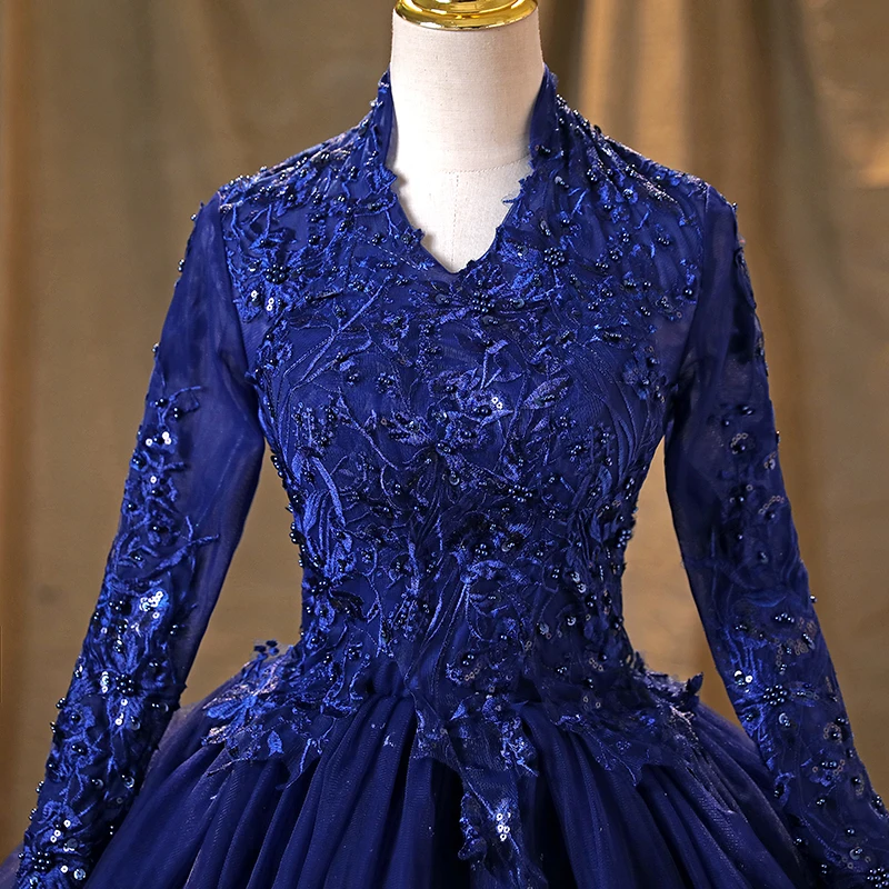 AnXin SH – robe de soirée en dentelle bleu marine, tenue princesse vintage, à manches longues, col en v, avec perles et cristaux, à volants, pour fête sur scène