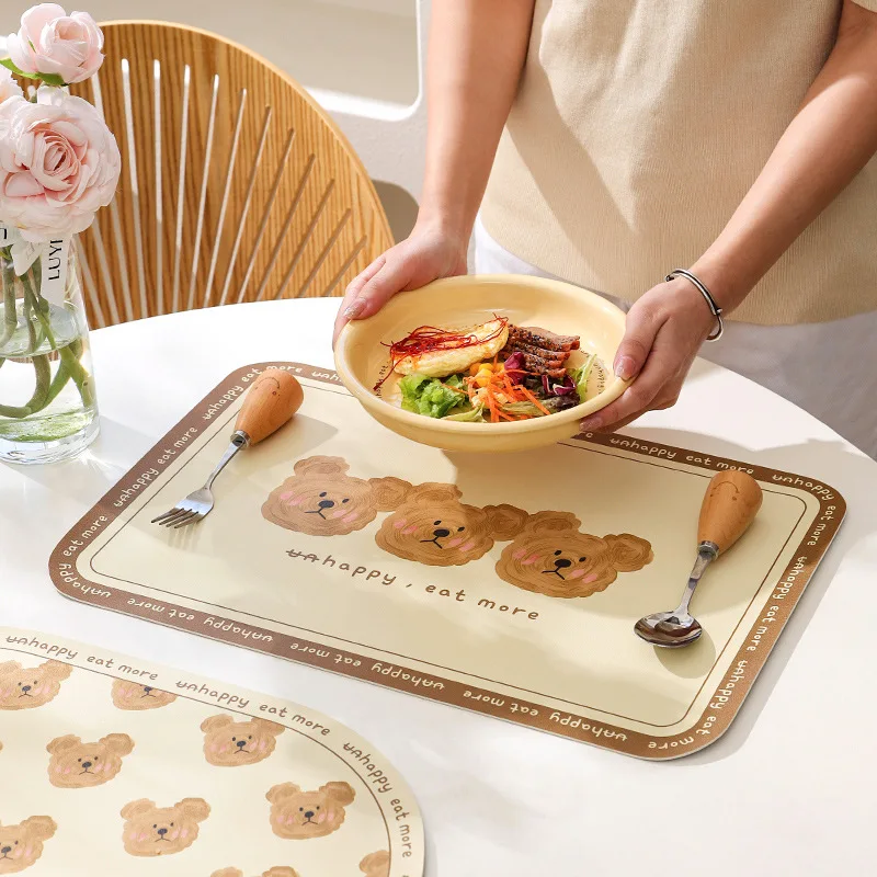 PU Leather Non-slip Placemat Cartoon Bear Food Table Mat Waterproof and Oil-proof Table Mat Insulation Placemats Home Decoration