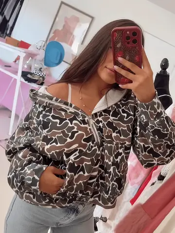 Camo Hoodie Oversized Quarter Zip Pullover Women Cute Camo Zip Up Hoodie Colorful Patchwork Hoodies Y2k Trendy