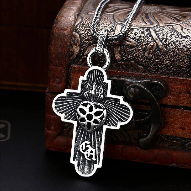 s925 sterling silver necklace pendant men's cherry blossom cross personalized thai silver retro distressed jewelry