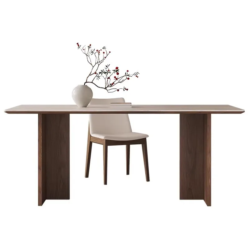 Retro Style Rectangular Travertine Rock Slab Dining Table Solid Wood Walnut Color Designer Simple Medieval Theme Kitchen Table