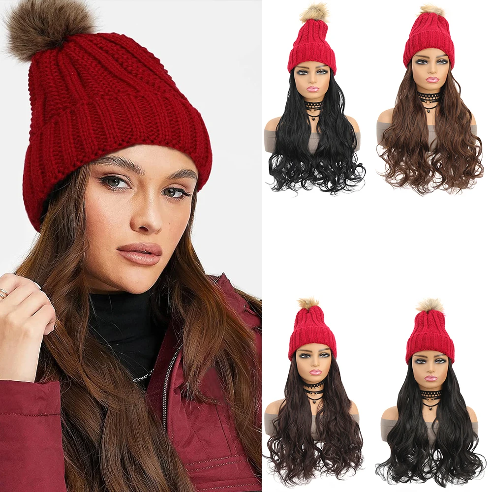 

18 inches Long Wavy Curly Red Knit Hat Wig Long Wavy Curly Hairpieces Attached Hat with Hair Winter Knit Warm Hat with Hairpiece