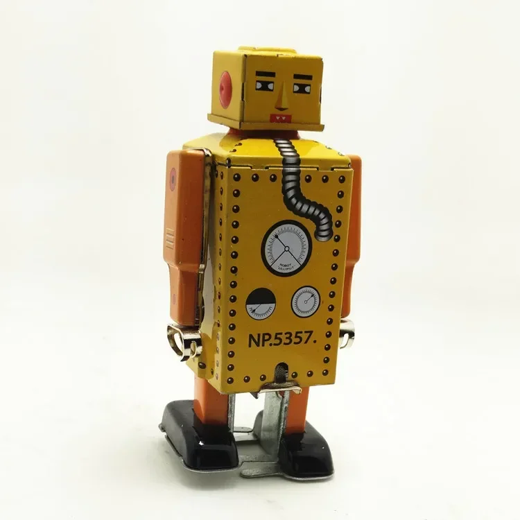 [Zabawna] Kolekcja dla dorosłych Retro Wind up zabawka Metalowa puszka Żółty robot Zabawka mechaniczna Zegar zabawka figurki model prezent dla dzieci