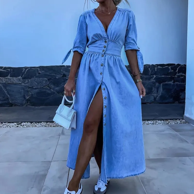 Fashion Single-breasted V-neck Denim Dress Elegant Hight Waist Tie-up Half Sleeves Party Dress Casual Solid Long Dress Vestidos