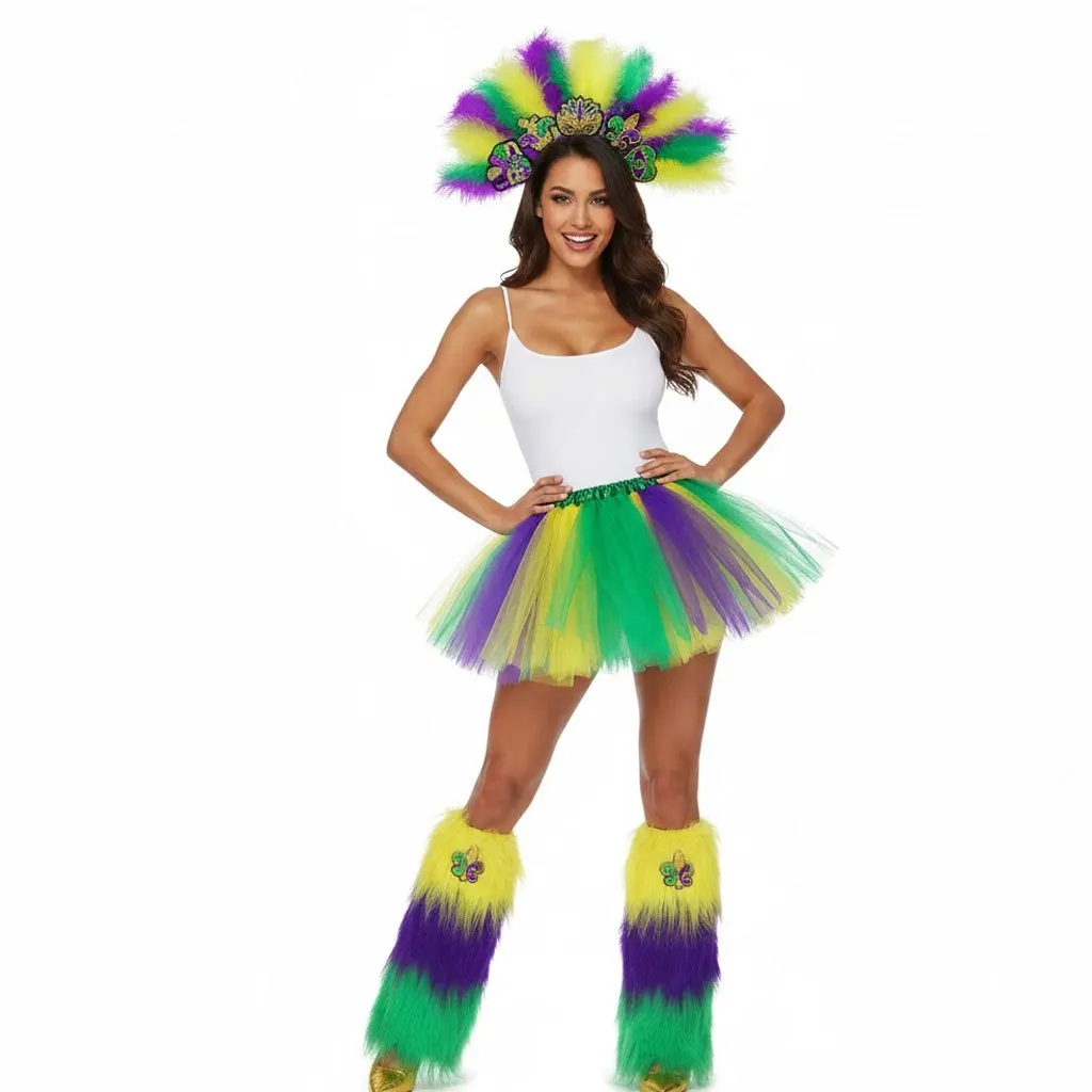 Mardi Gras Purple Green Gold Sequin Costume Set - Unisex Sparkly Outfit for Masquerade & Stage Show