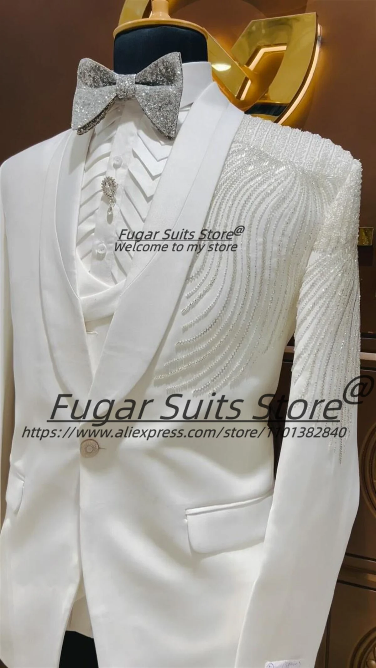 

Luxuly White diamond hand embroidery Men Suits Slim Fit Shawl Lapel Groom Wedding Tuxedos 2 Pieces Sets Male Prom Party Blazers
