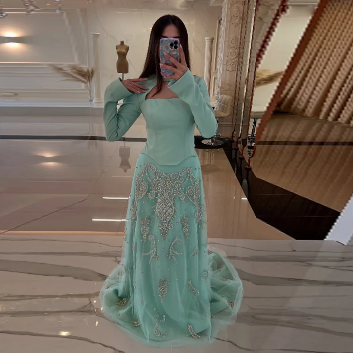 Turquoise Long Sleeves Evening Gowns A Line Shinning Beaded Prom Dresses Women Formal Occasion Party Dress Robe De Soiree