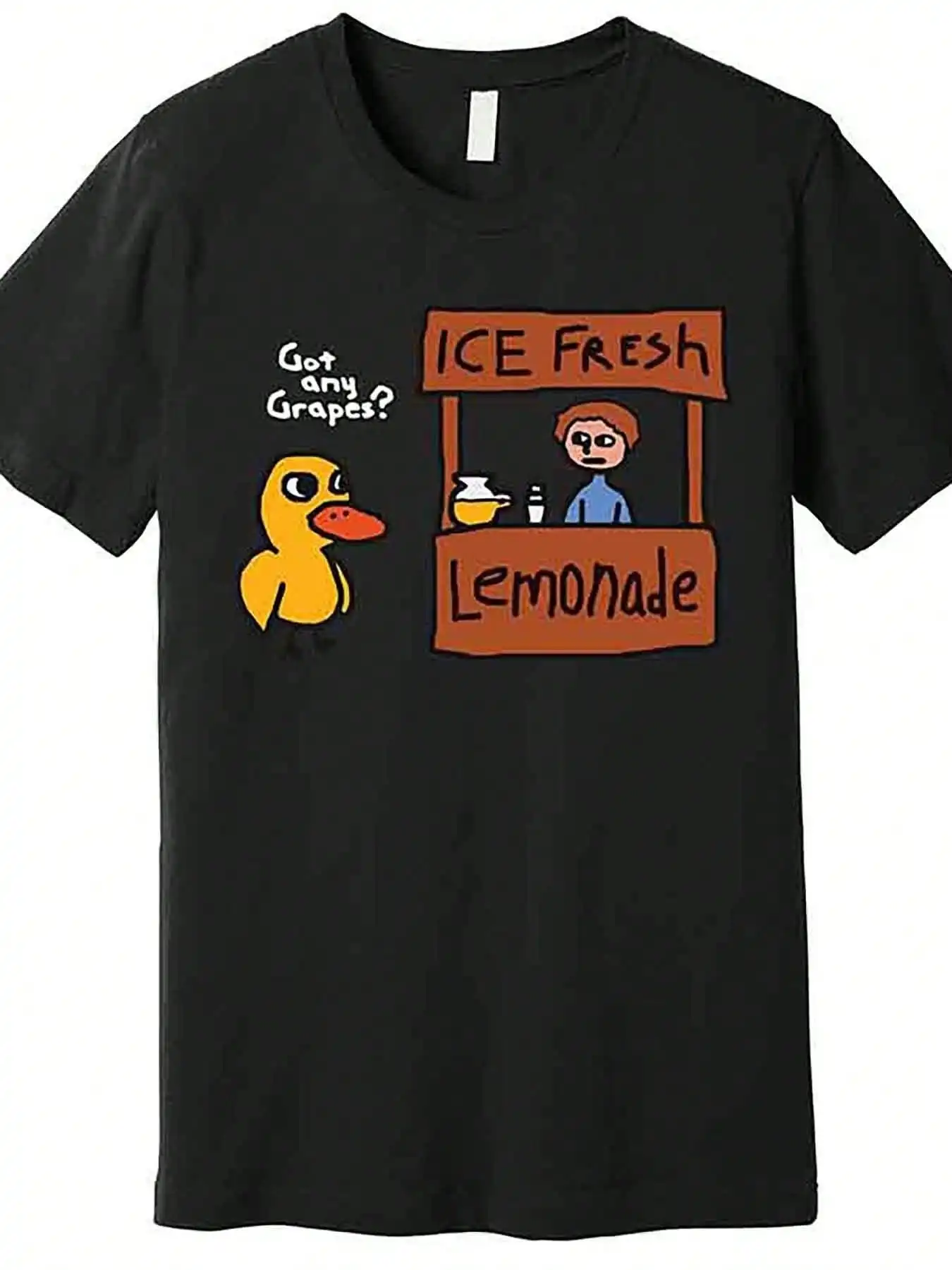 Got Any Grapes Duck Song Lemonade-Shirt| Casual Black Top With Playful Lemonade Stand Design, 95% 5% Spandex, Regular Fit, Short Sleeve, Crew Neck, All-Season Comfortable Streetwear