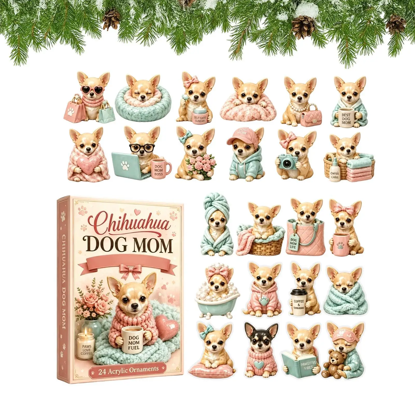 Calendario de Adviento de Navidad 2026, Adorno Coleccionable Acrílico 2D, Lindo Árbol de Navidad, Figuras de Chihuahua, Colgante para Amantes de los Perros