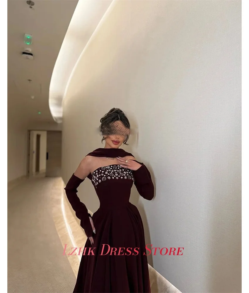 맞춤형 모던 저지 A라인 탈부착 가능한 소매 크리스탈 이브닝 드레스 섬세한 민소매 스트랩리스 플로어 기장 프롬 드레스