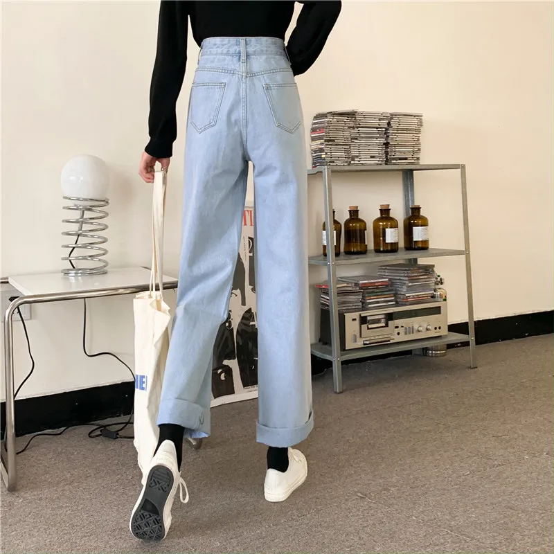 جينز نسائي عالي الخصر وواسع الساق فضفاض مناسب للصيف الجديد جينز عالي الخصر بالإضافة إلى حجم السراويل الطويلة المستقيمة